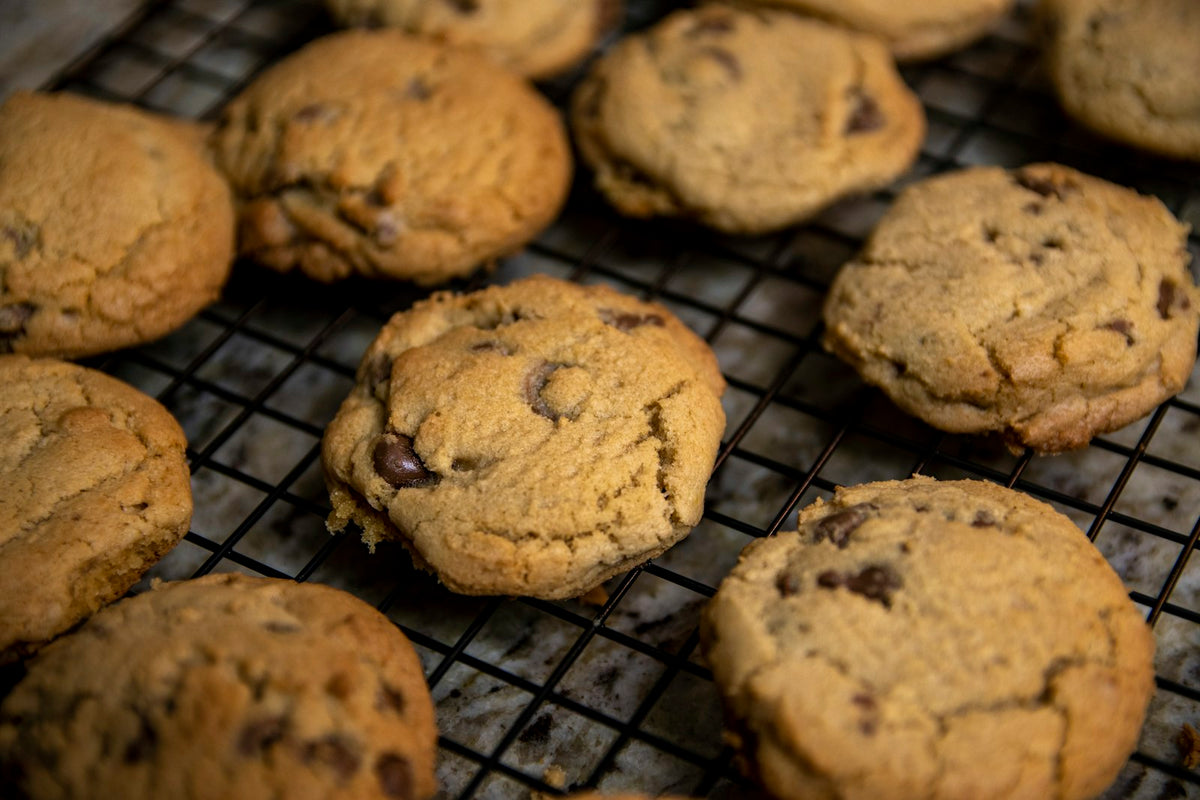 Chocolate chip cookies cooling on a rack