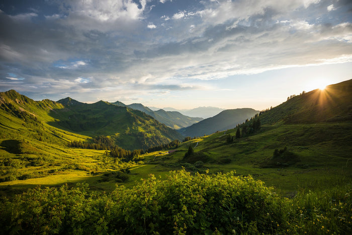 A green valley at sunrise
