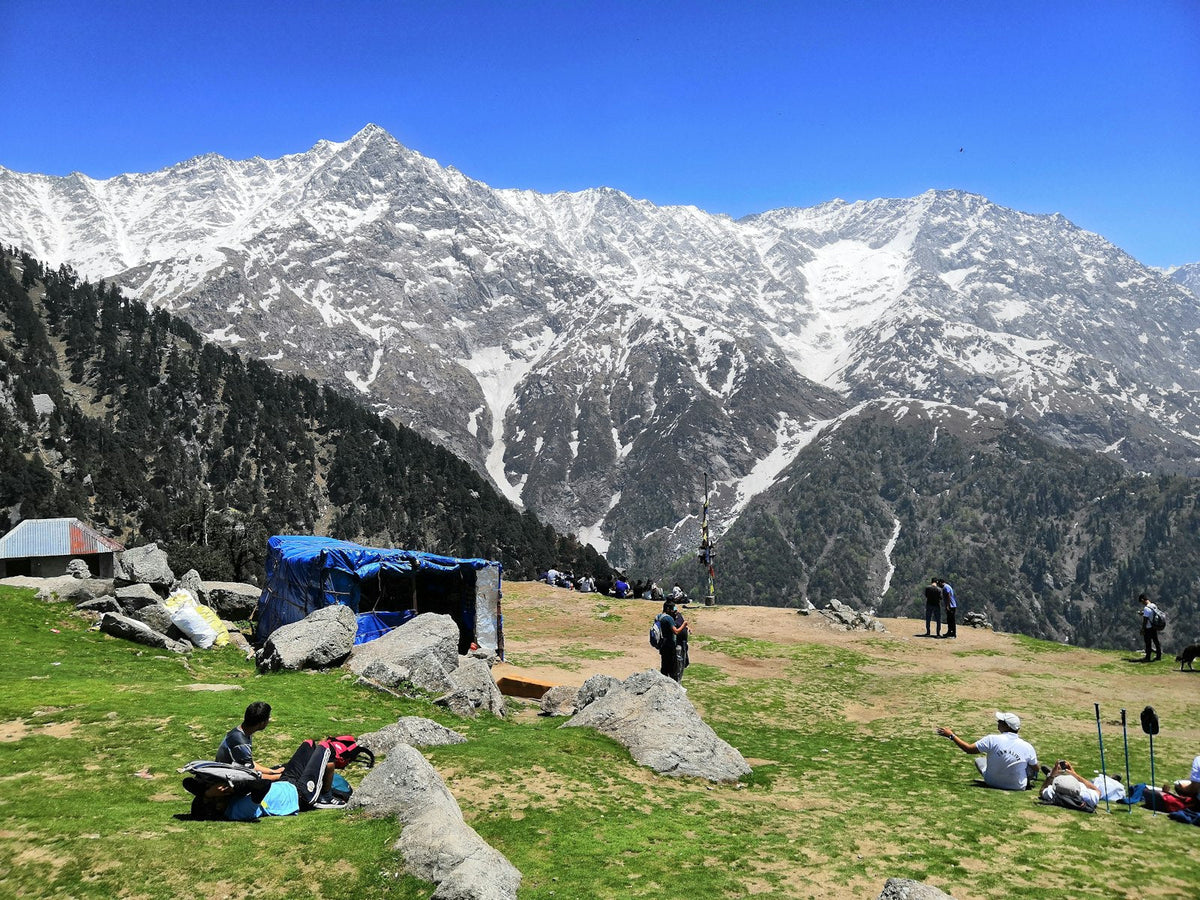Tents pitched below snow-capped Himalayan peaks