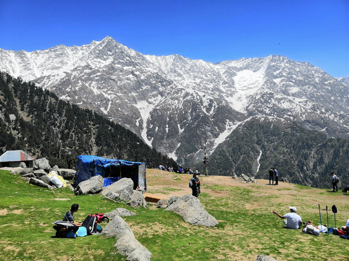 Tents pitched below snow-capped Himalayan peaks