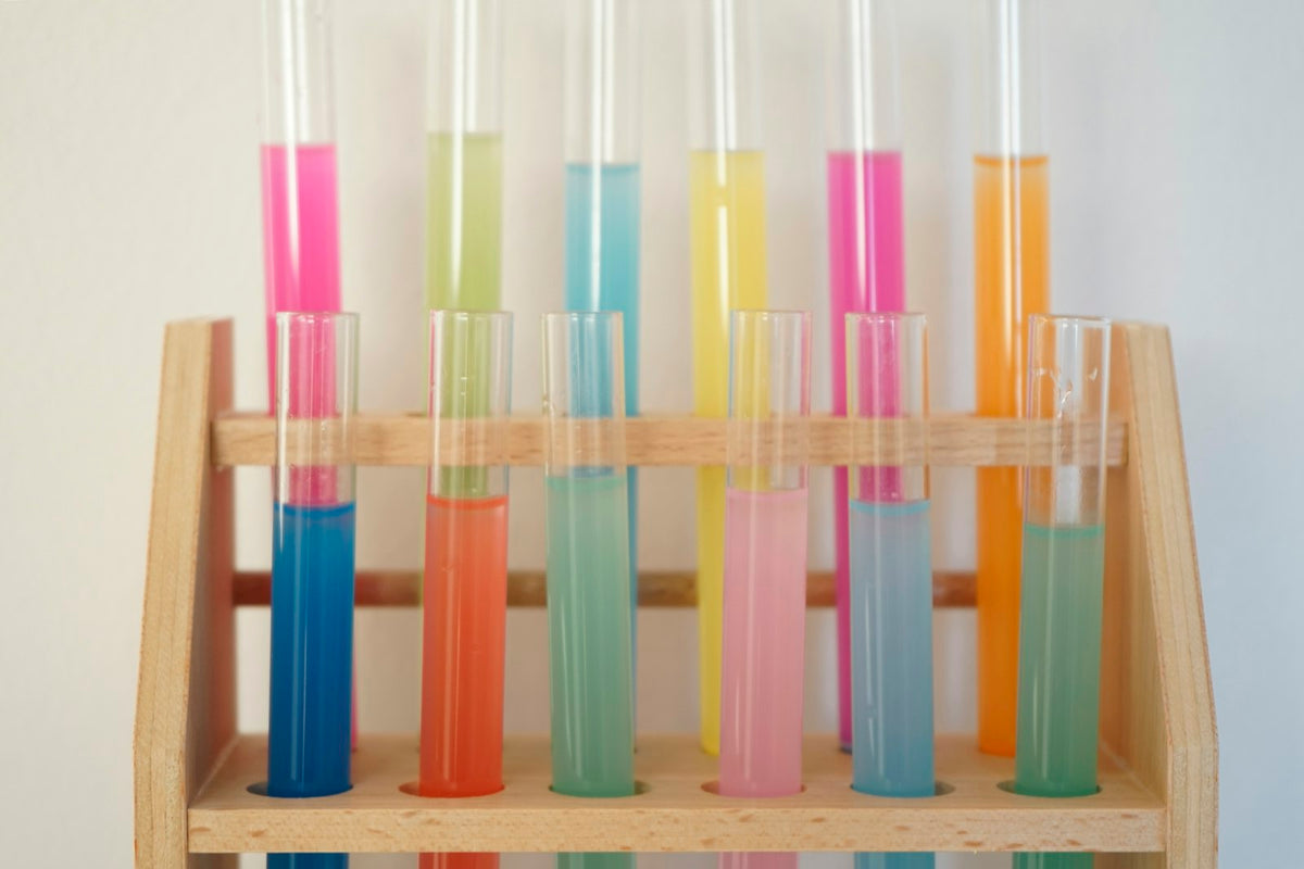 A rack of coloured test tubes