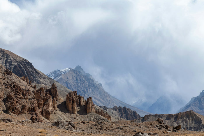 Rocky Himalayan peaks under cloud
