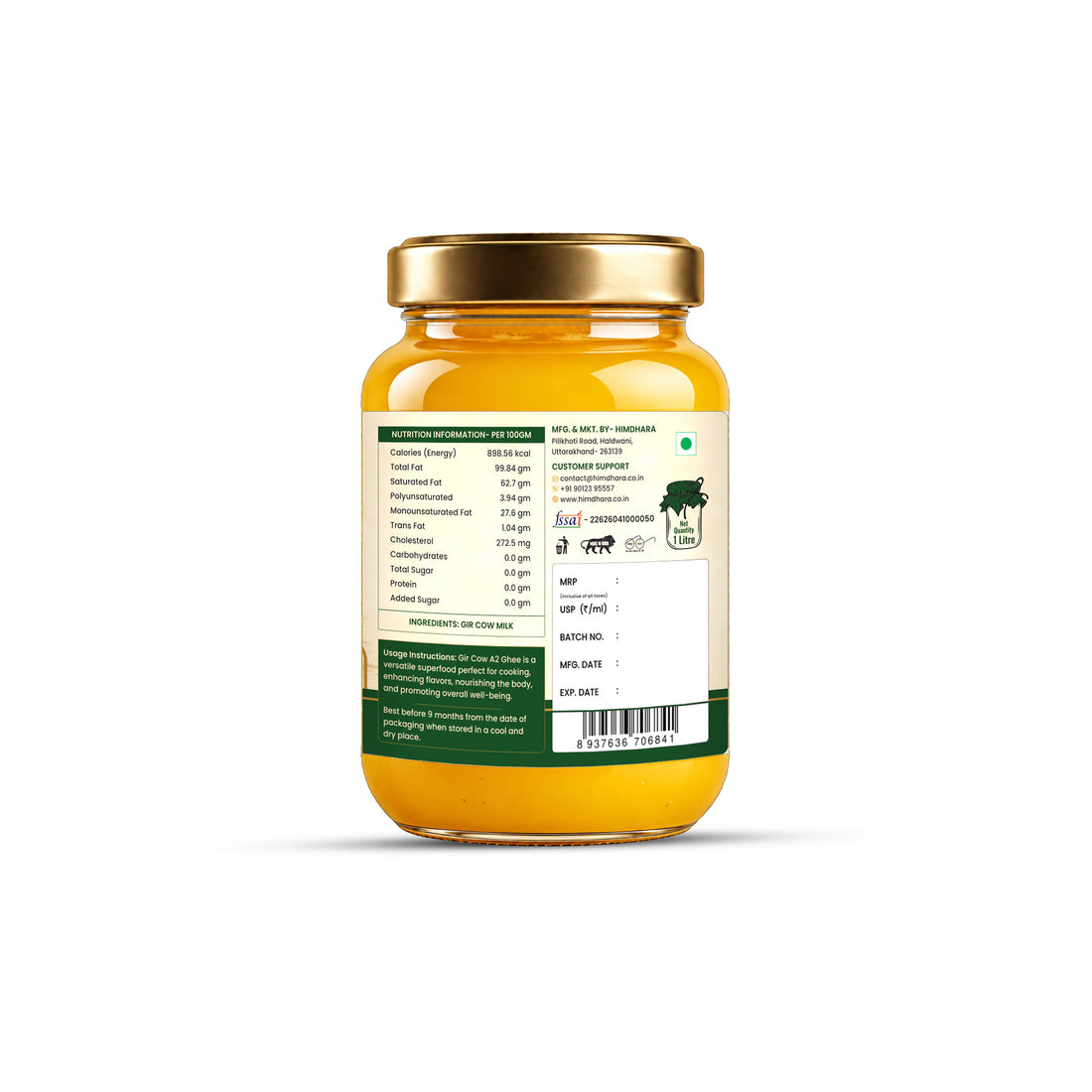 Himdhara A2 Cow Bilona Ghee 1 litre jar, back label with nutrition information
