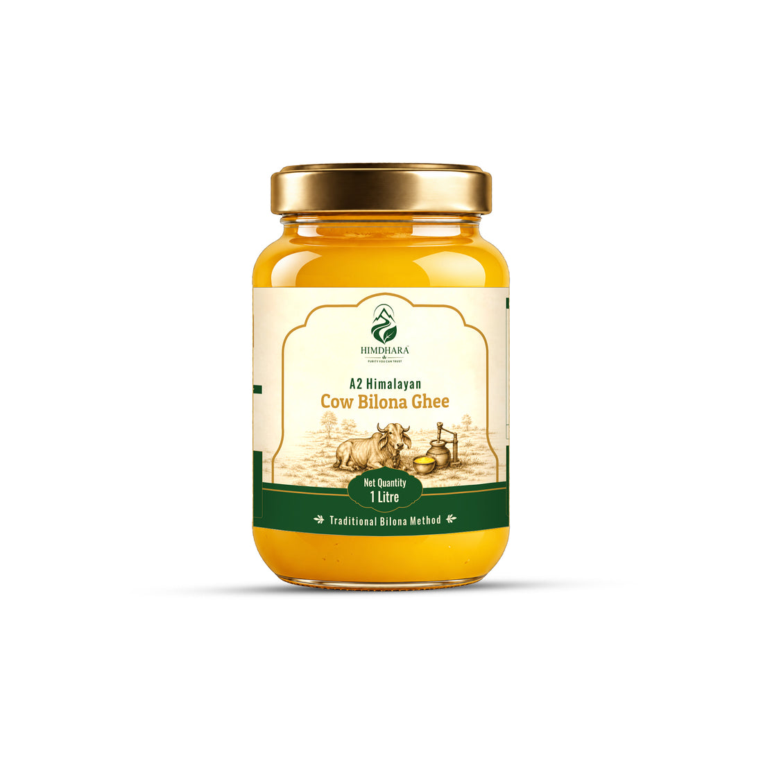 Himdhara A2 Cow Bilona Ghee 1 litre jar, front label
