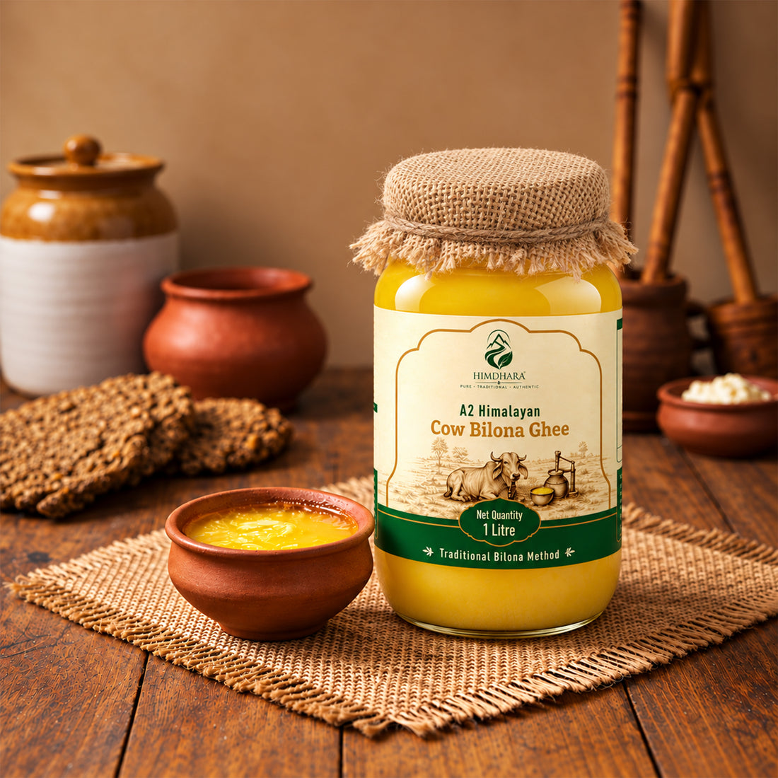 Himdhara A2 Cow Bilona Ghee 1 litre jar beside clay pots and a bowl of ghee