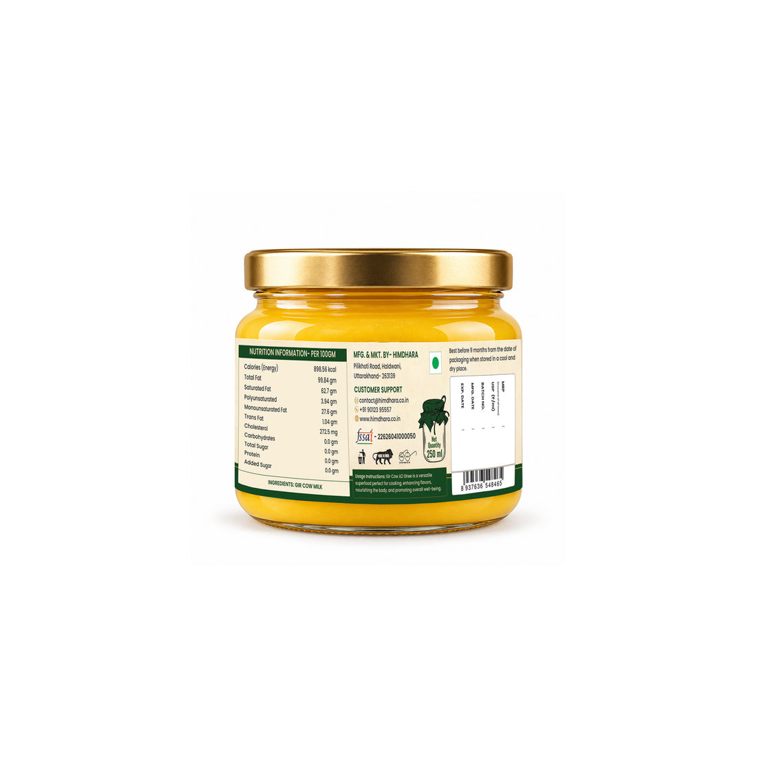 Himdhara A2 Cow Bilona Ghee 250 ml jar, back label with nutrition information