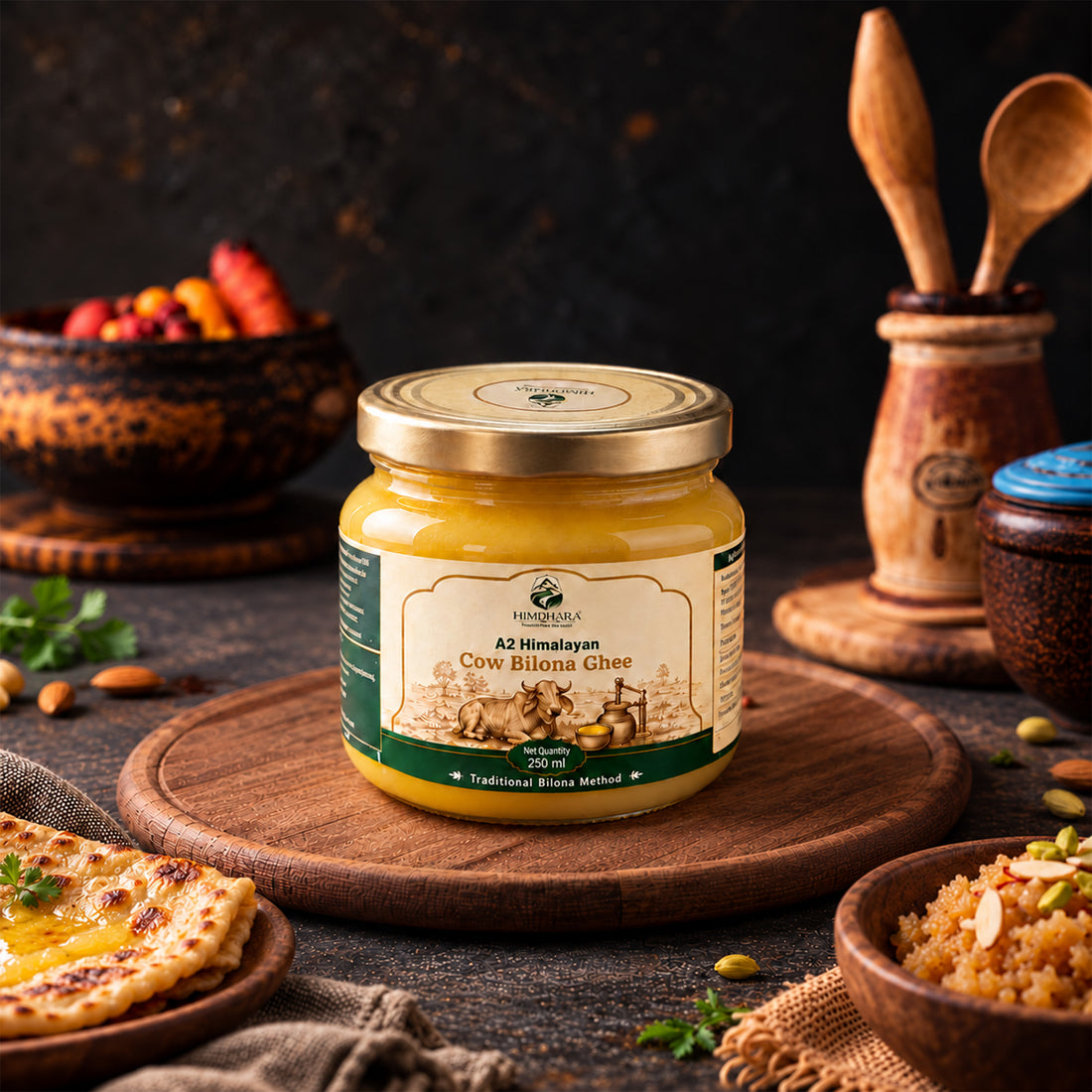 Himdhara A2 Cow Bilona Ghee 250 ml jar on a wooden board with parathas and halwa