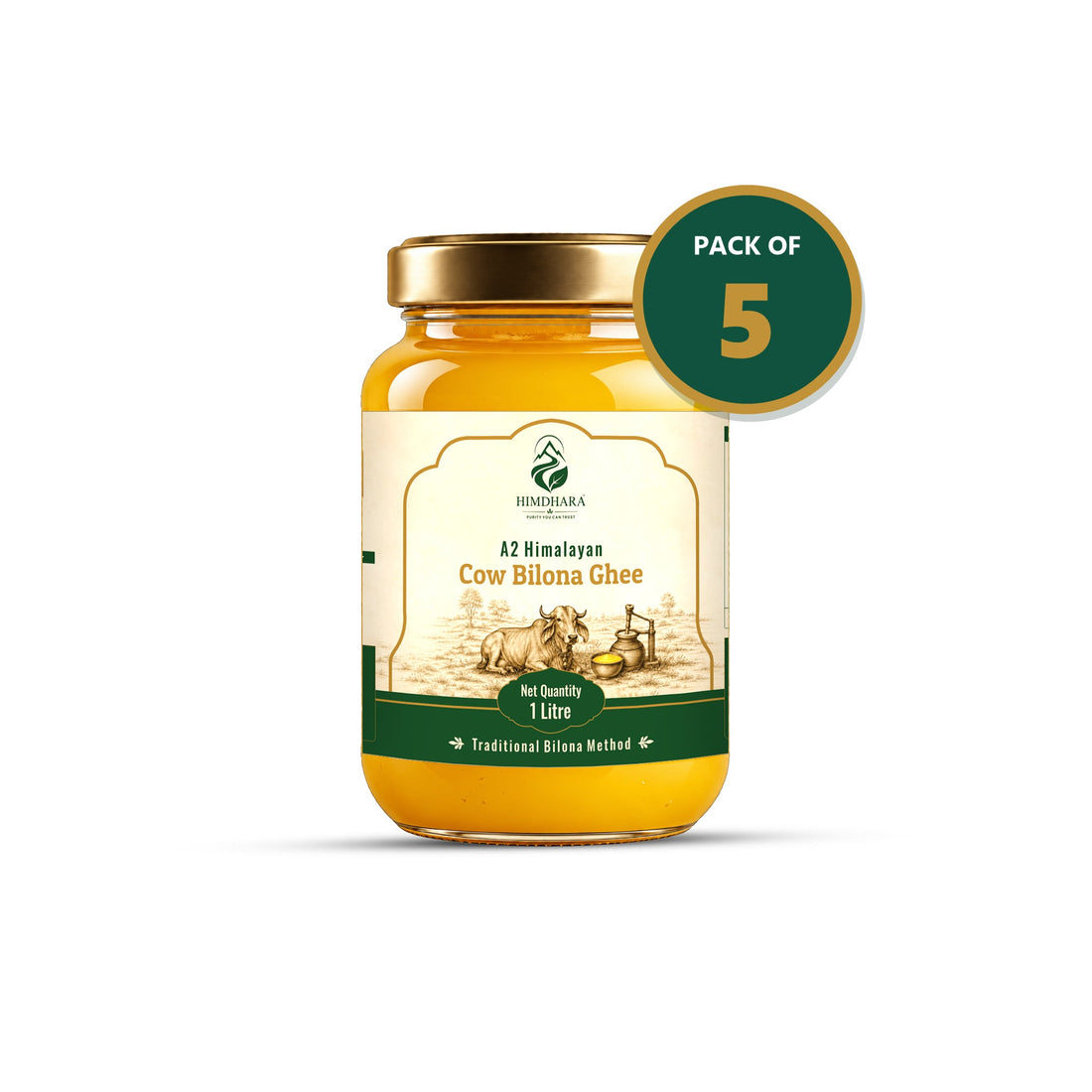 Himdhara A2 Cow Bilona Ghee pack of five, shown on the 1 litre jar with a Pack of 5 badge