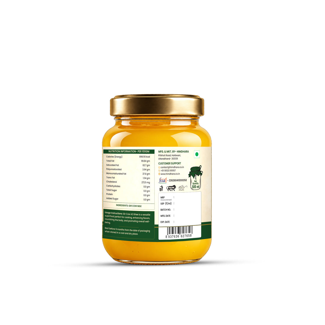 Himdhara A2 Cow Bilona Ghee 500 ml jar, back label with nutrition information