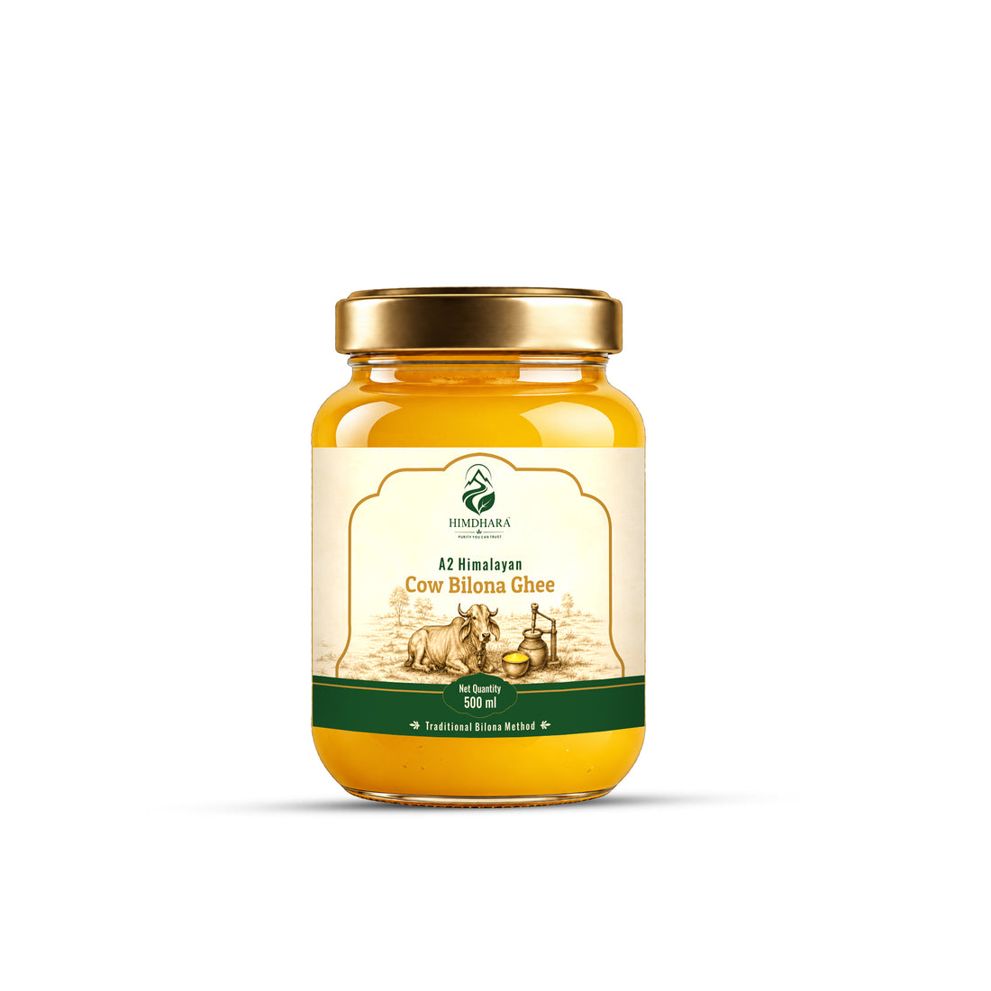 Himdhara A2 Cow Bilona Ghee 500 ml jar, front label