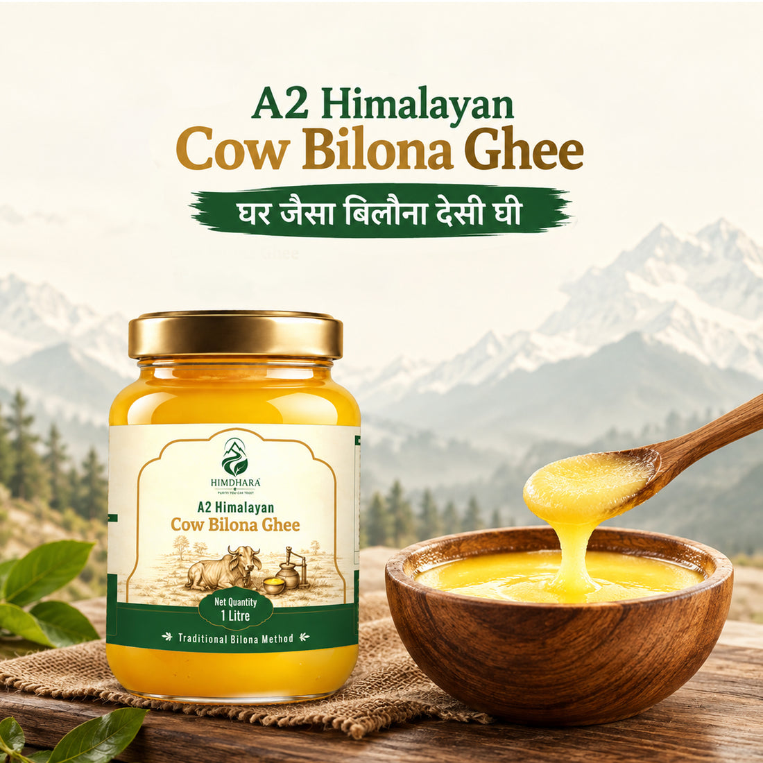 Himdhara A2 Himalayan Cow Bilona Ghee jar beside a wooden bowl of ghee, with the Himalayas behind