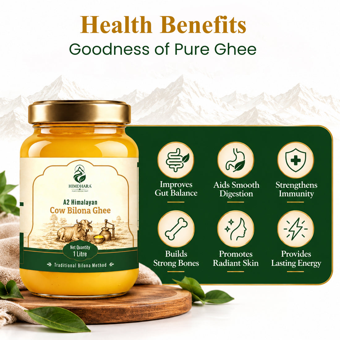 Himdhara A2 Cow Bilona Ghee jar beside a panel of benefits: gut balance, digestion, immunity, bones, skin and energy