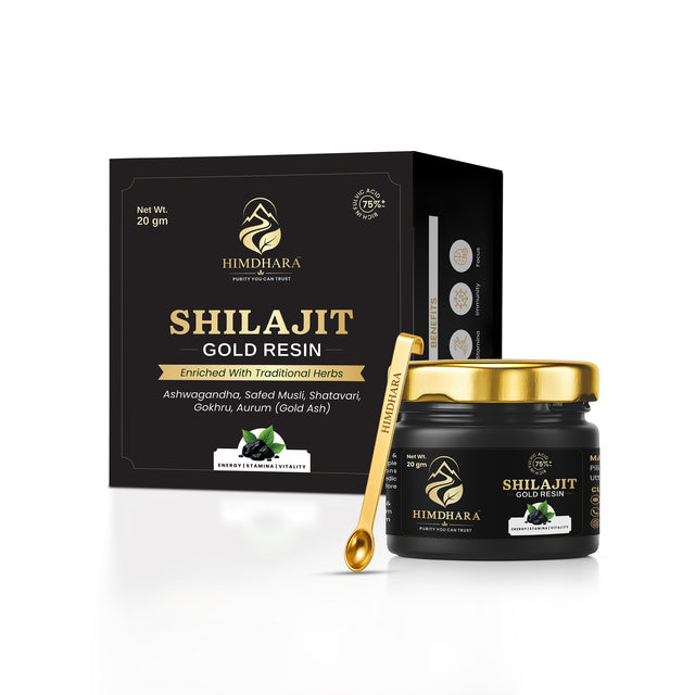 Himdhara Shilajit Gold Resin: a black 20 g jar with a gold lid and gold spoon in front of its black and gold box