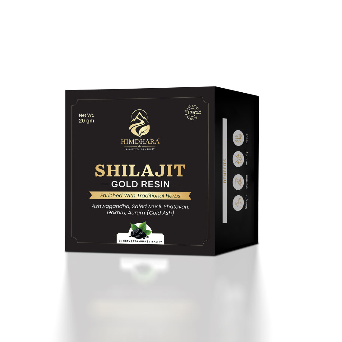 The black and gold box of Himdhara Shilajit Gold Resin, 20 g, enriched with traditional herbs