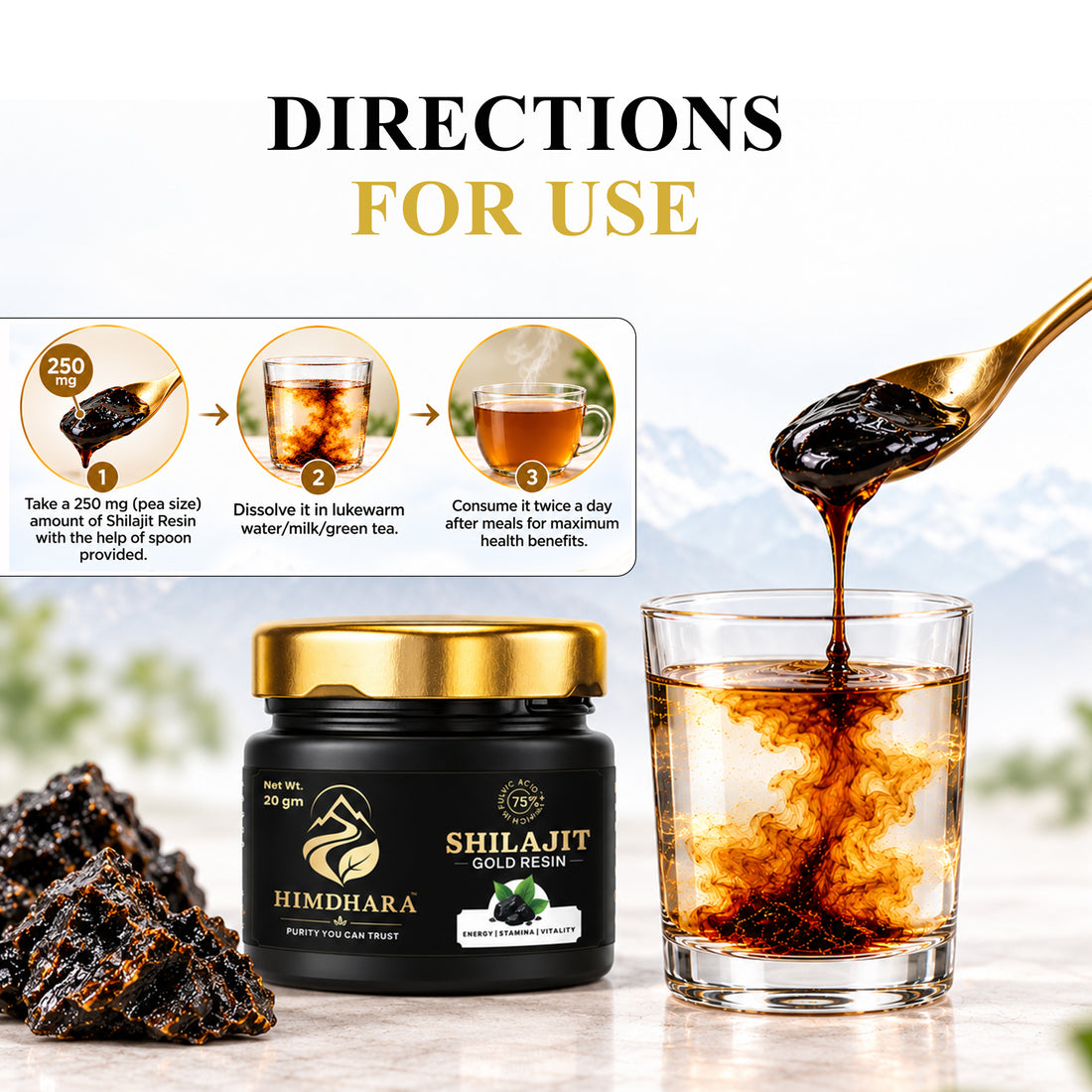 Directions for use: a pea-sized 250 mg portion dissolved in lukewarm water, milk or green tea, twice a day after meals