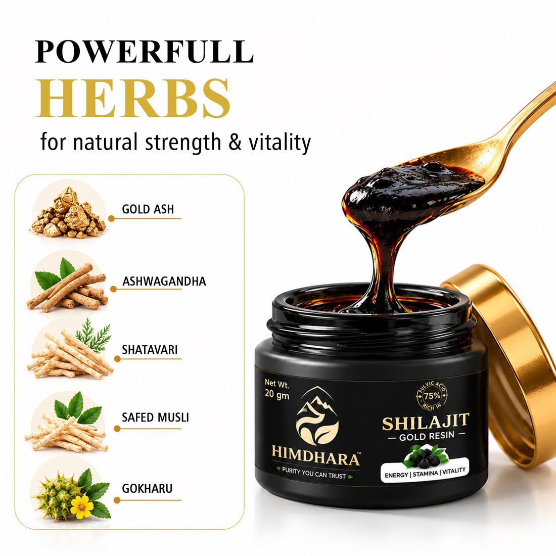 Gold ash, ashwagandha, shatavari, safed musli and gokharu pictured beside an open jar of Shilajit Gold Resin