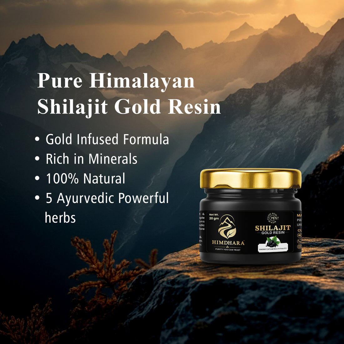 A jar of Shilajit Gold Resin on a rock above Himalayan peaks at sunset, captioned Pure Himalayan Shilajit Gold Resin