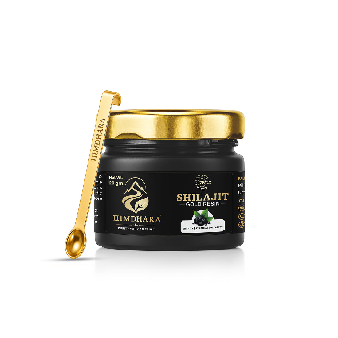 A black 20 g jar of Himdhara Shilajit Gold Resin with a gold lid and a gold Himdhara spoon