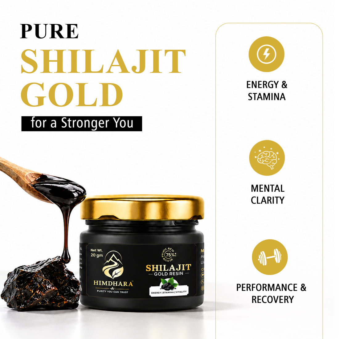 Shilajit resin dripping from a wooden spoon beside the jar, with icons for energy and stamina, mental clarity, and performance and recovery