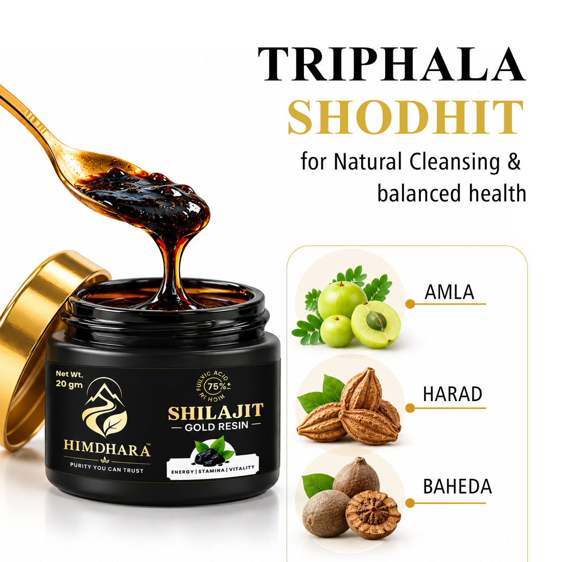 Amla, harad and baheda, the triphala the shilajit is purified with, beside an open jar of resin
