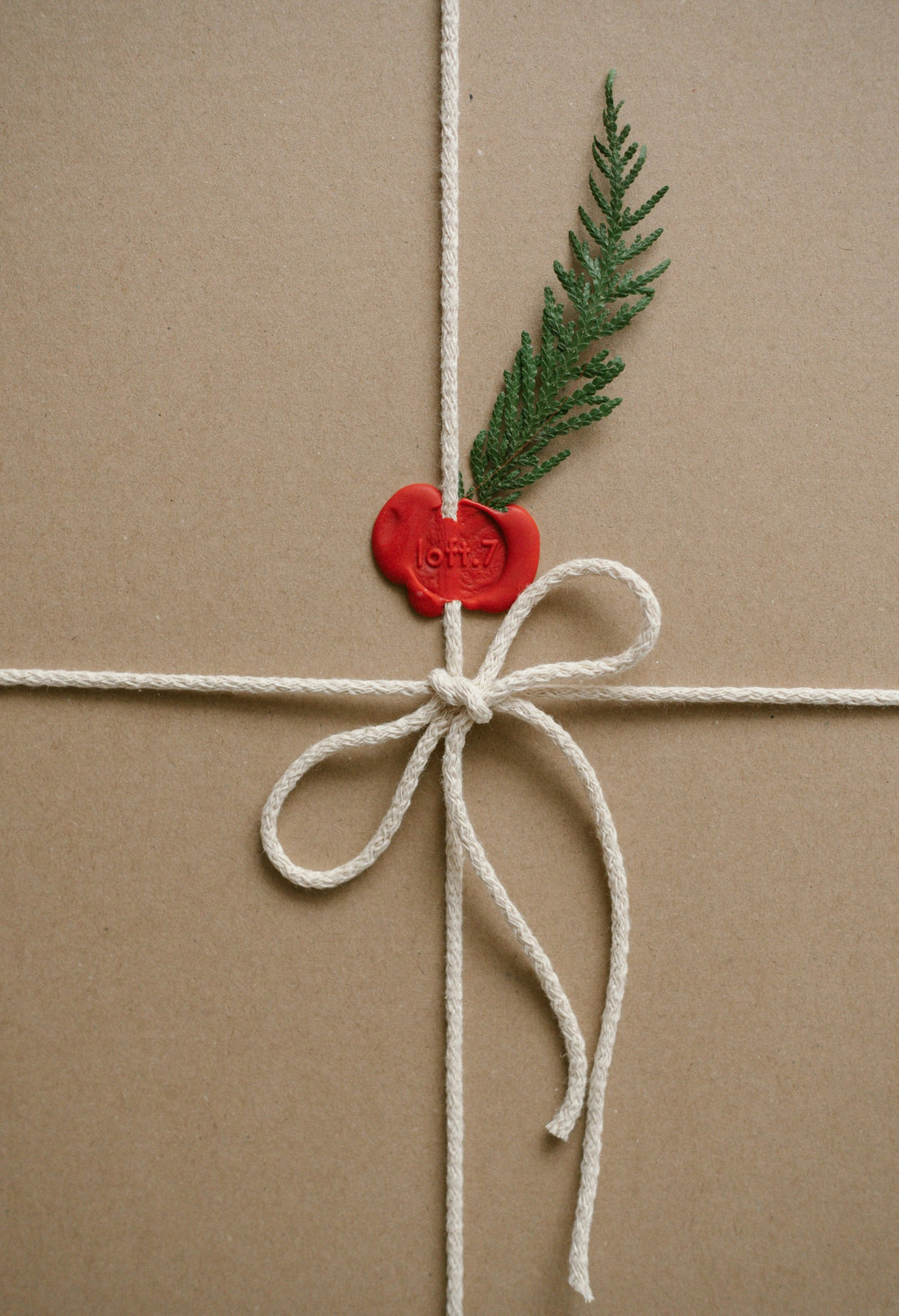 A kraft paper gift box tied with white string, sealed with red wax and a sprig of pine